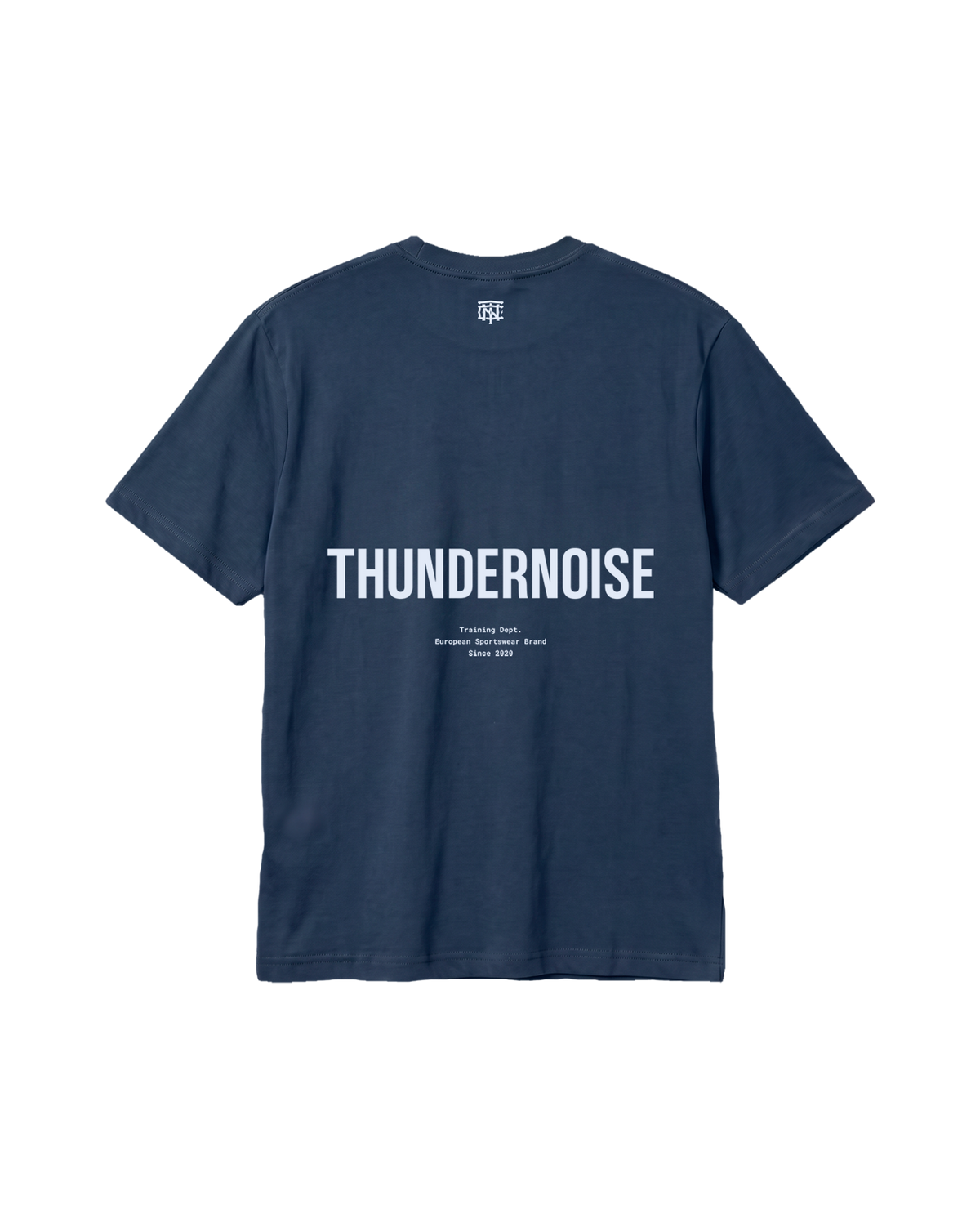 Training Dept. triblend t-shirt in french navy heather — back with the TN monogram at the neck and a large THUNDERNOISE wordmark — View 1

