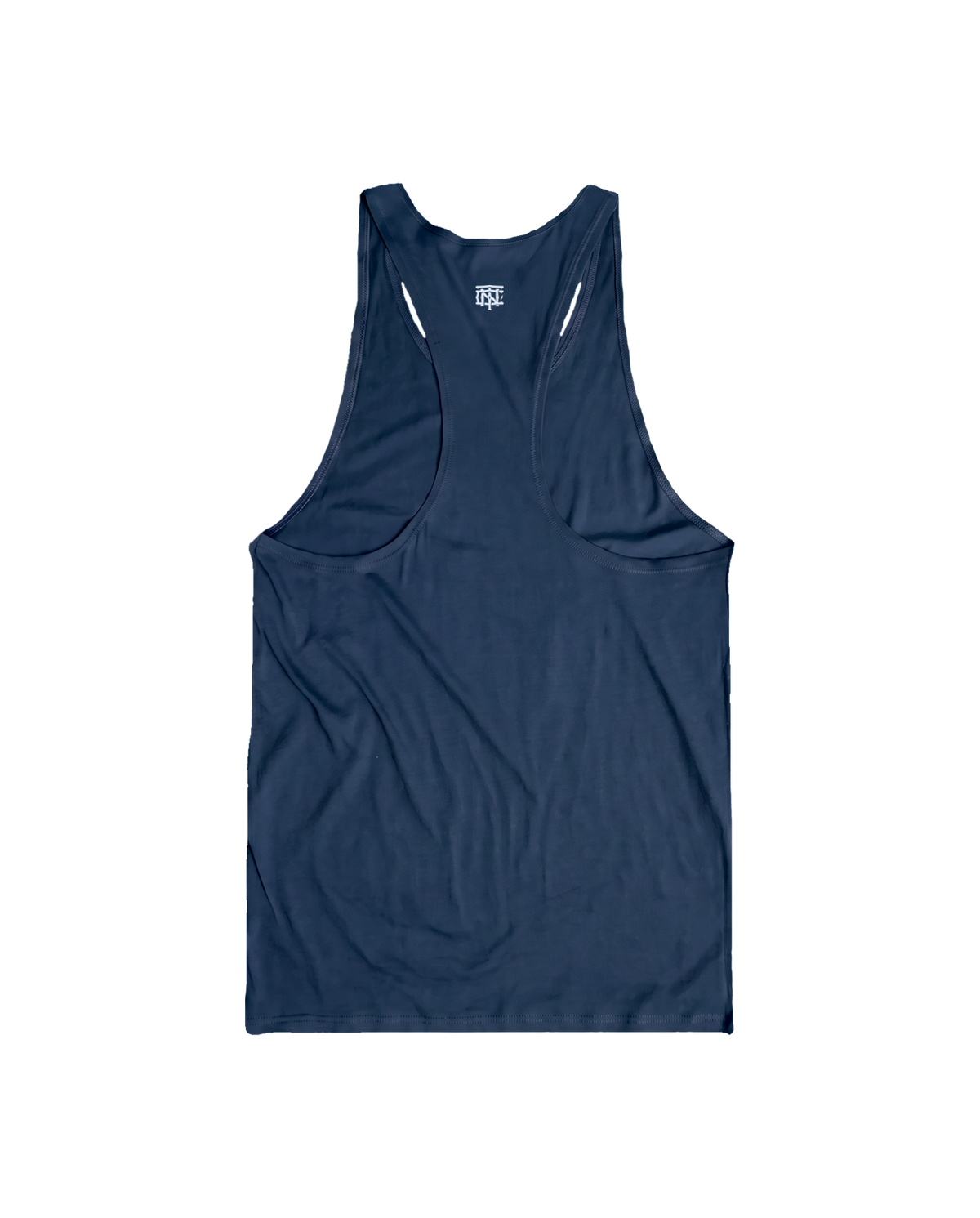 Training Dept. triblend tank top in french navy heather — open back with the TN monogram at the neck — View 5
