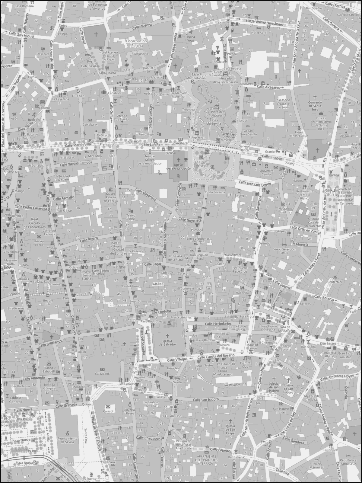 Map of central Seville: the THUNDERNOISE pop up at Calle Lineros, 13, next to Plaza del Salvador and 5 minutes from Las Setas.